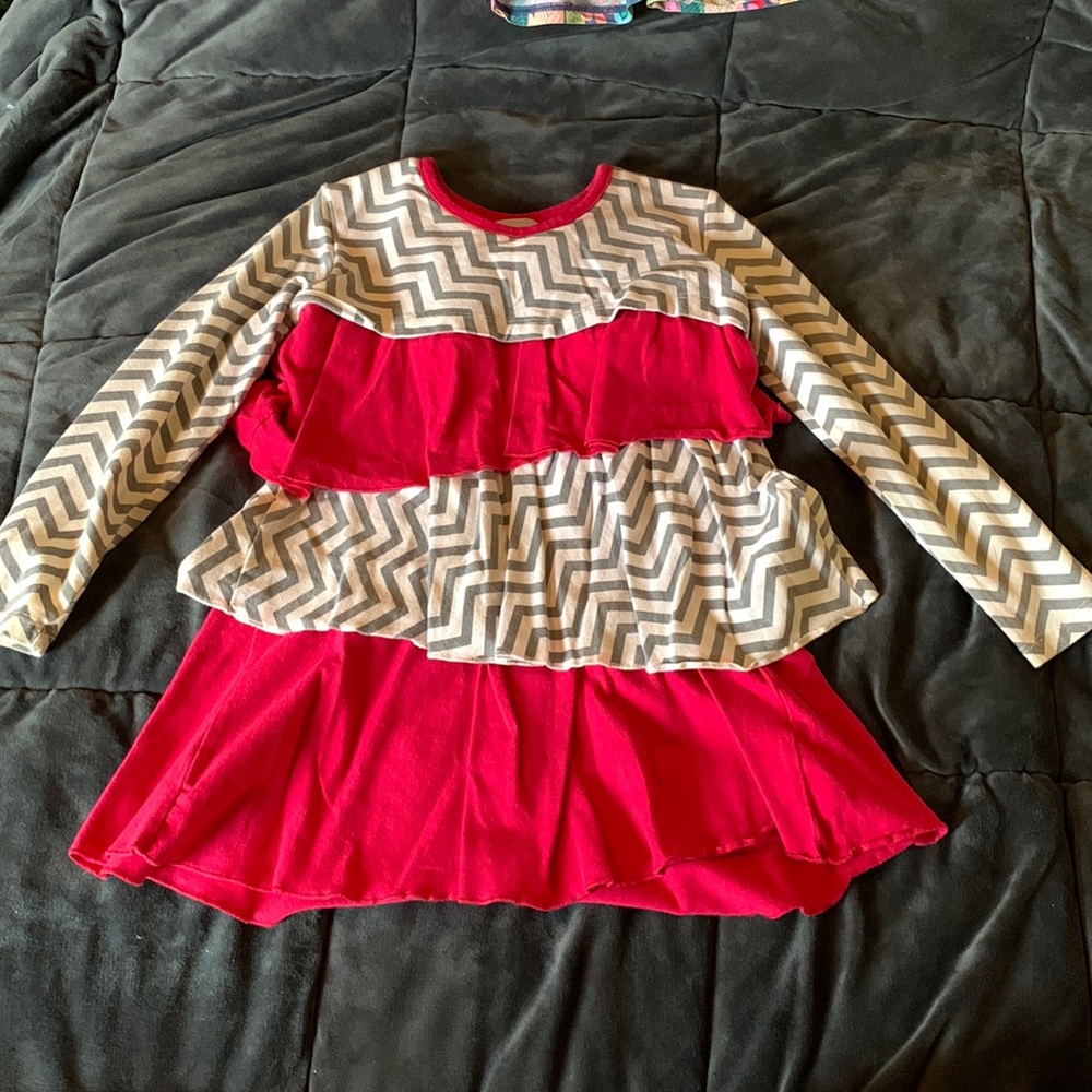 Grey chevron and red layered long sleeve dress